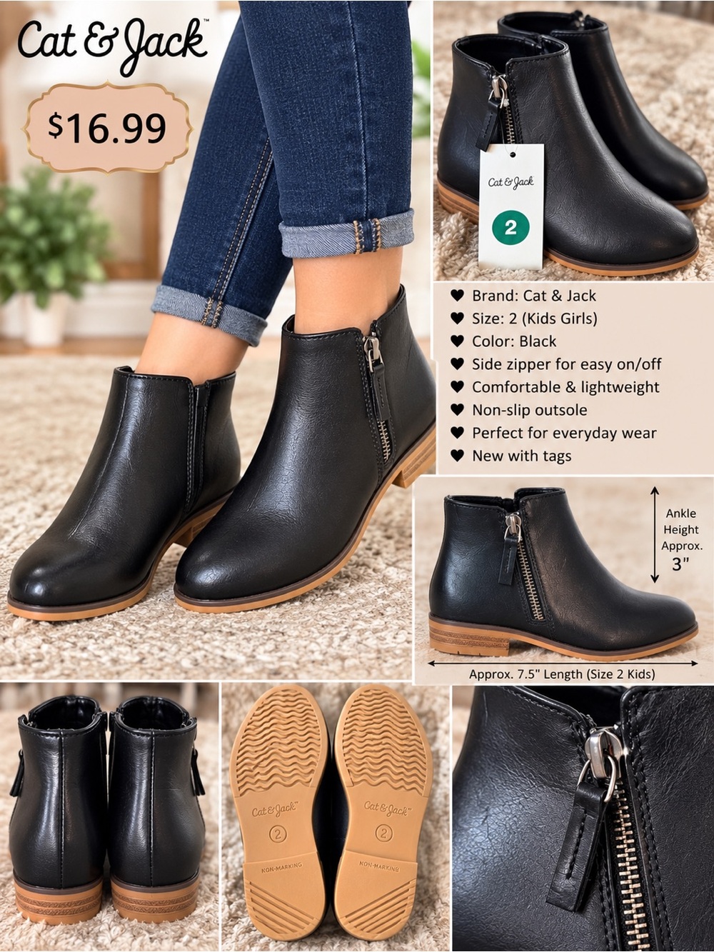 Cat & Jack Black Girls' Ankle Booties with Side Zipper